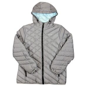 Eddie Bauer Womens XL Grey Pinstripe Hooded Down Puffer Jacket Quilted Full Zip